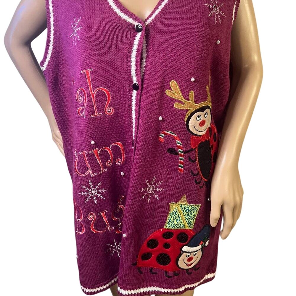 Holiday Time Plum Color Button up BAH HUM BUG Sweater Vest Lady Bugs Holiday XL